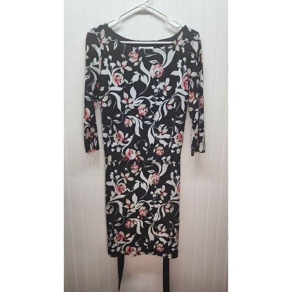 White House Black Market Dresses & Skirts - White House Black Market Floral Print Black & Pink 3/4 Sleeve Dress With Waist T